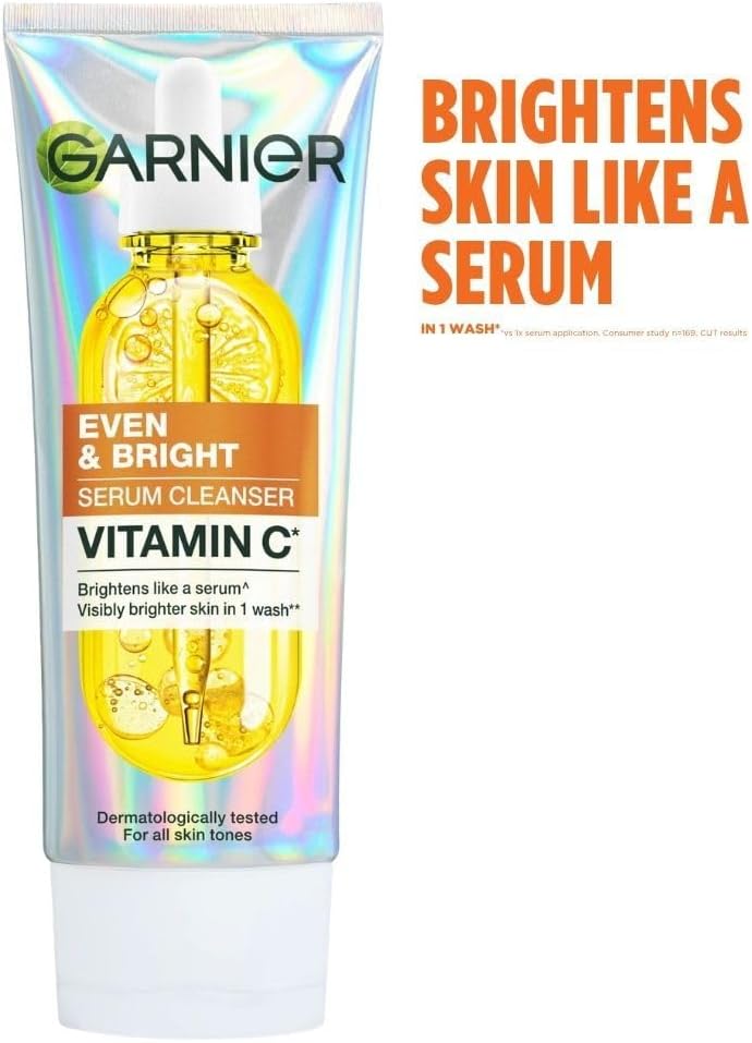 Garnier Even & Bright Vitamin C Skincare Bundle, Serum Cleanser, Booster Serum, and SPF 50+ Super UV Sunscreen, 3 Piece Set