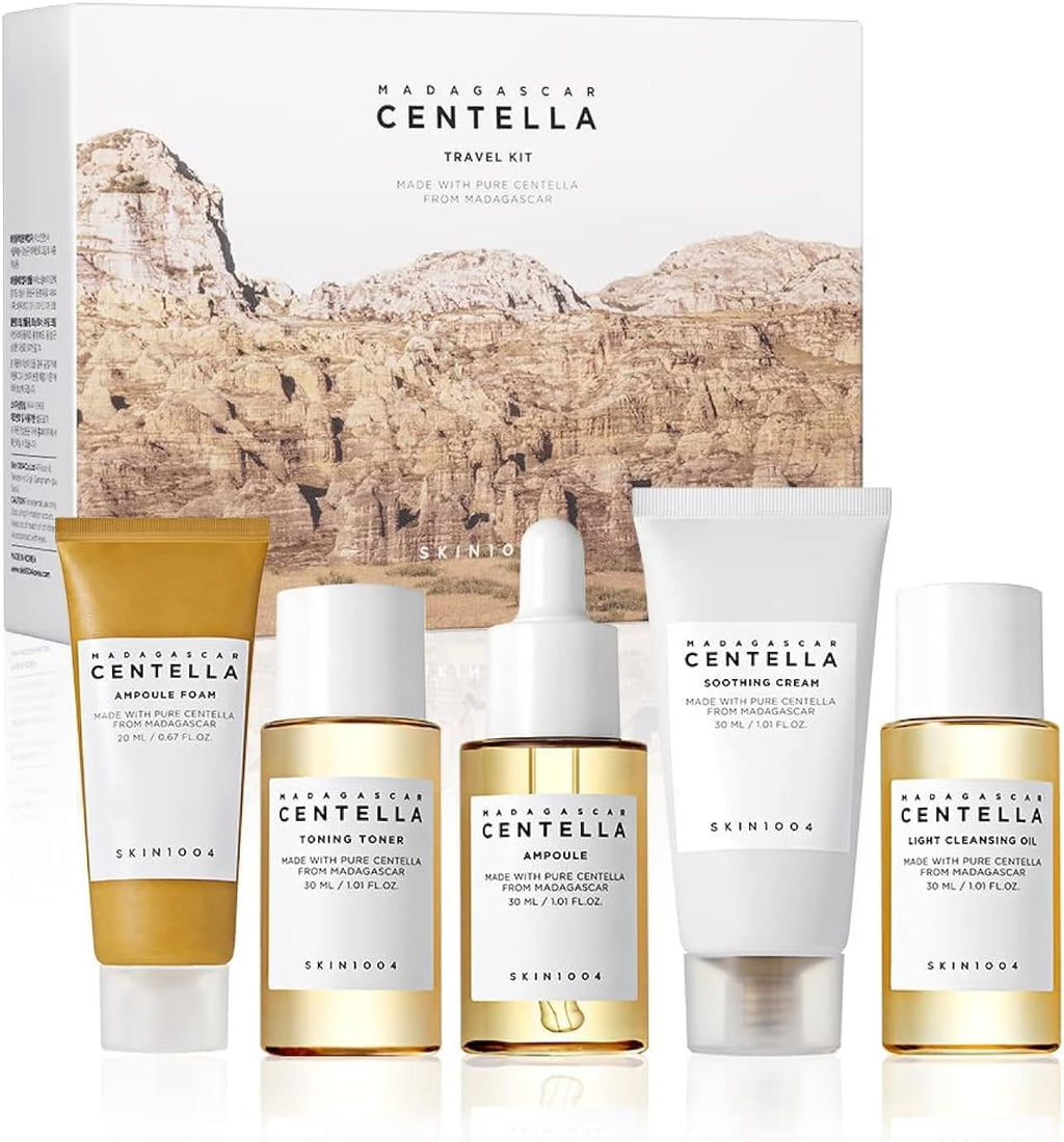 SKIN1004 Madagascar Centella Travel Kit, Toner, Ampoule, Soothing Cream, Cleansing Oil, Ampoule Foam, Basic Skincare Trial Kit Box , Gift Sets for Mom, Women & Mothers Day, Compact Size