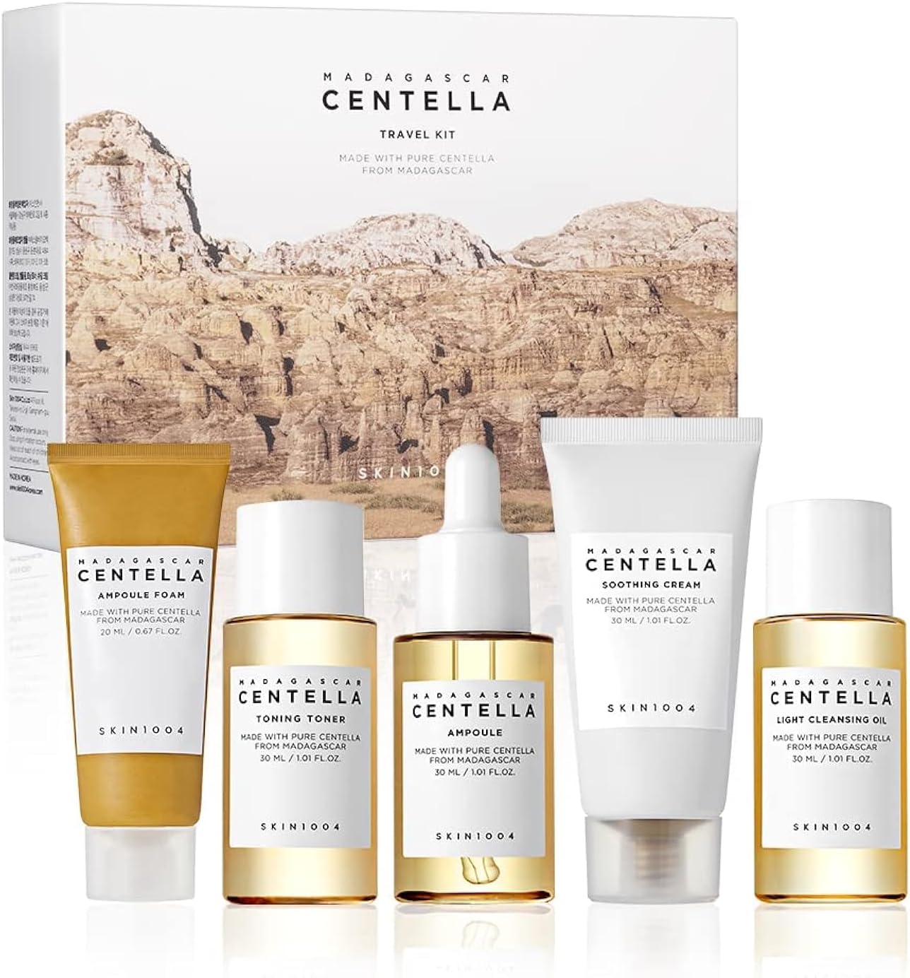 SKIN1004 Madagascar Centella Travel Kit, Toner, Ampoule, Soothing Cream, Cleansing Oil, Ampoule Foam, Basic Skincare Trial Kit Box , Gift Sets for Mom, Women & Mothers Day, Compact Size