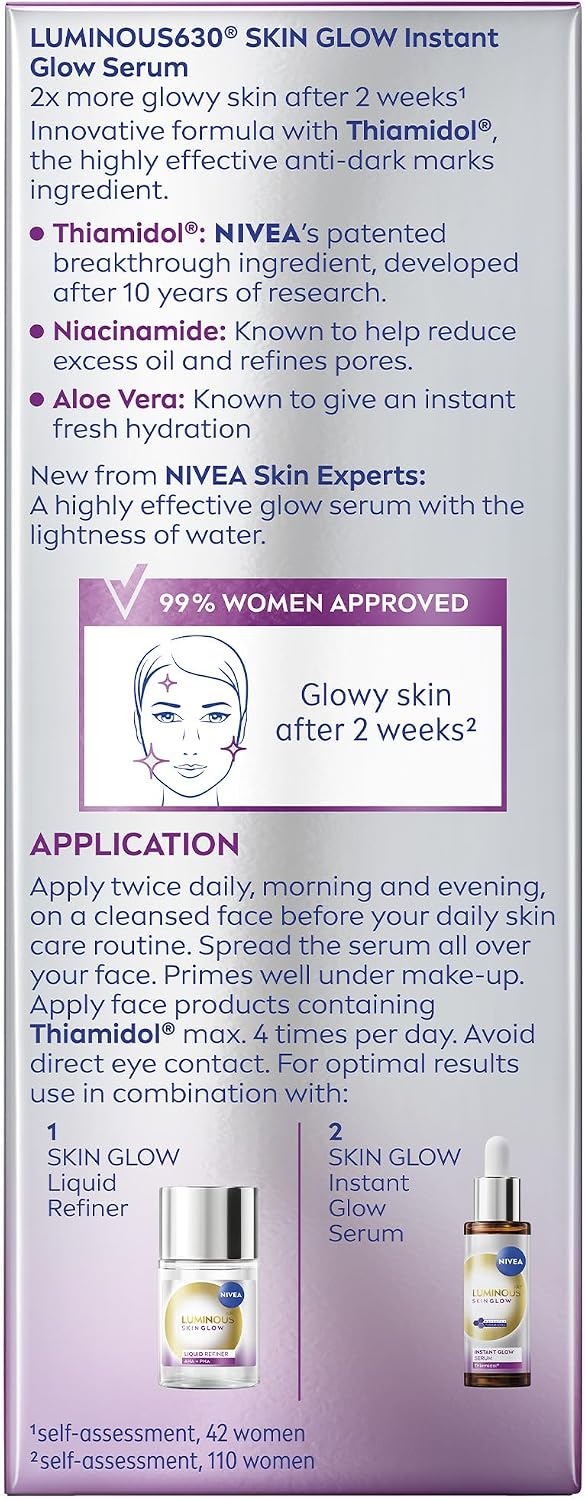 NIVEA LUMINOUS630 Instant Glow Face Serum, Dark Marks Reduction, Pore Refiner, Skin Hydration, 30ml