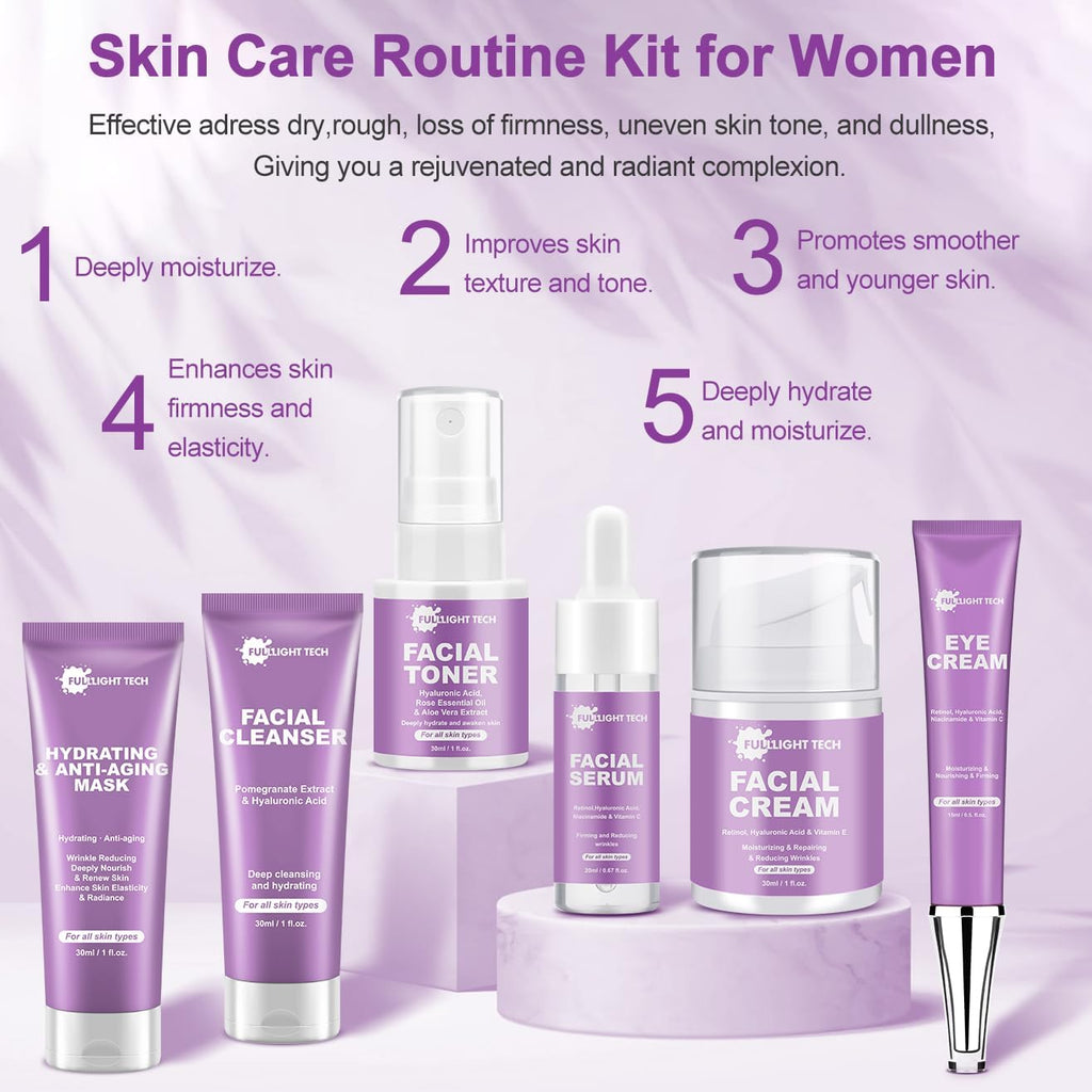 Skin Care Set,6 Pcs Anti-aging Skincare w/Korean Retinol,Hydrate, Moisturize Self Care Facial Skin Care Routine Kit Women Teen Girls Travel Skincare Gift Set,Valentines Birthday Gift for Women Her Mom